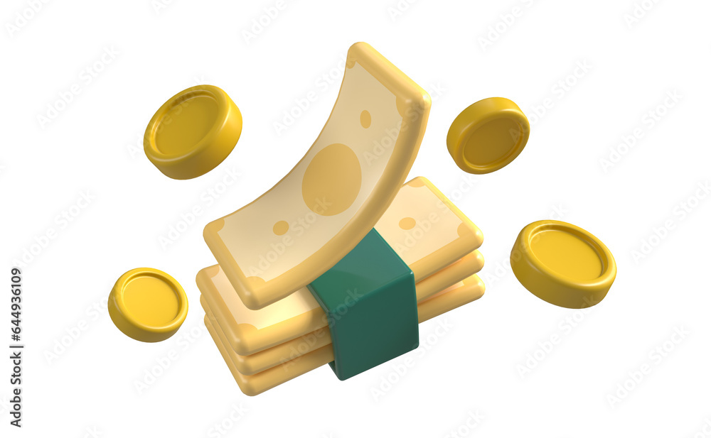 A bundle of bills is levitated together with coins on a transparent background. The concept of finance, profit from business investments, saving money. 3D icons in cartoon style for your design.