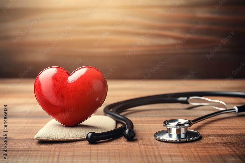 Red heart model and medical stethoscope on a doctor's desk Red heart model and medical stethoscope on a doctor's desk