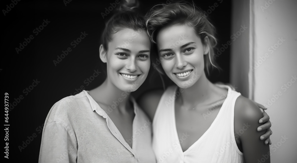 Portrait Two young women hugging and smiling at camera - theme girlfriends or siblings - Generative AI Portrait Two young women hugging and smiling at camera - theme girlfriends or siblings - Generative AI
