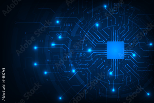 Vector futuristic microchip CPU circuit board blue light. Tech circle technology abstract background.