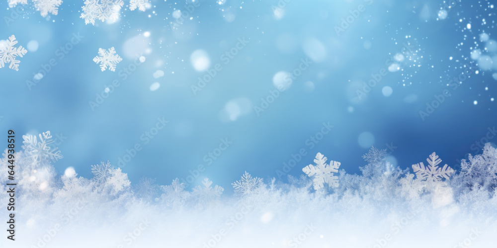 Winter snow background with snowdrifts, with beautiful light and snow flakes on the blue sky, beautiful bokeh circles, banner format, copy space Winter snow background with snowdrifts, with beautiful light and snow flakes on the blue sky, beautiful bokeh circles, banner format, copy space
