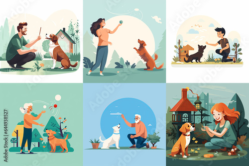 Flat illustration Woman and man, children, old people play with a dog. People of different ages play with a dog. 