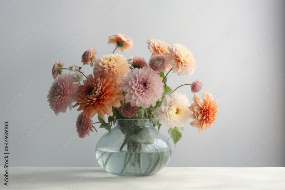 A bouquet of beautiful flowers in a vase on a table opposite a plain wall. Interior design, decoration concept