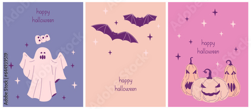 Cute Hand Drawn Halloween Cards. Ghost boo, Bat, Pumpkin, Stars on a Pastel Pink Background. Happy Halloween. Kawaii Style