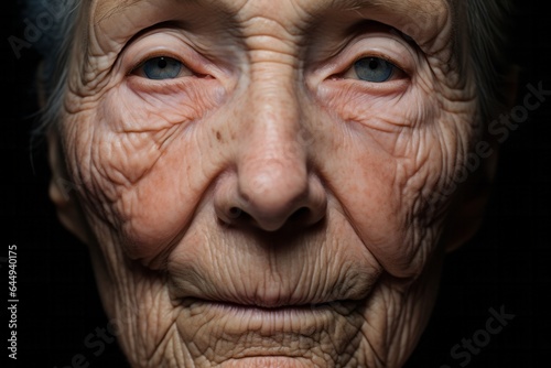The performance of body aging shall be marked with wrinkles, spots. Blue eyes of senior old lady © Denis