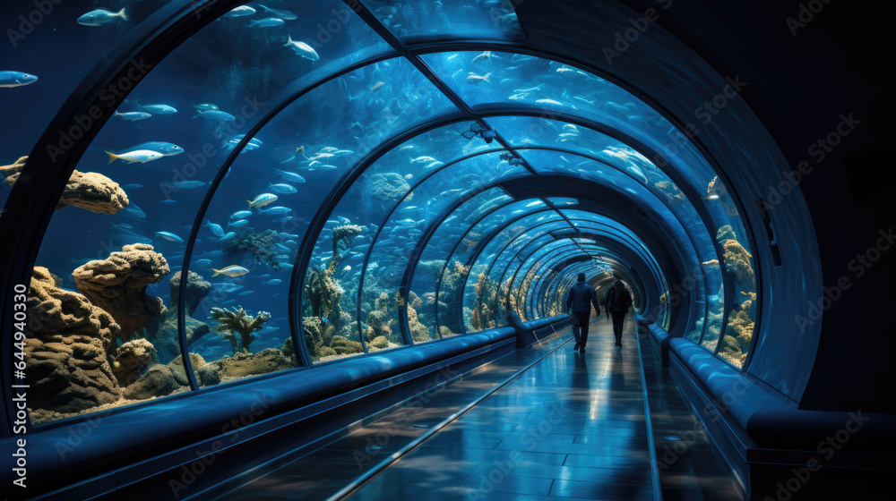 Fototapeta premium a glass tunnel in the aquarium with fish swimming around it