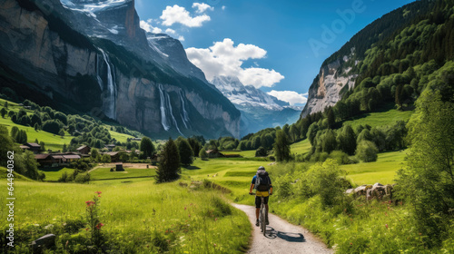 a sporty woman riding a MTB in the alps on a sunny summer day photo