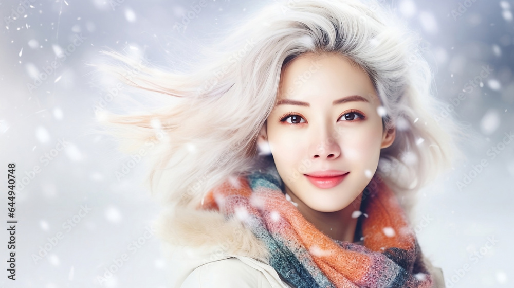 The face Asia of a  woman Japanese woman with white hair in the snow.Beautiful woman with long white hair watercolor illustration, horizontal copy space background. Ai.Abstract fashion concept.