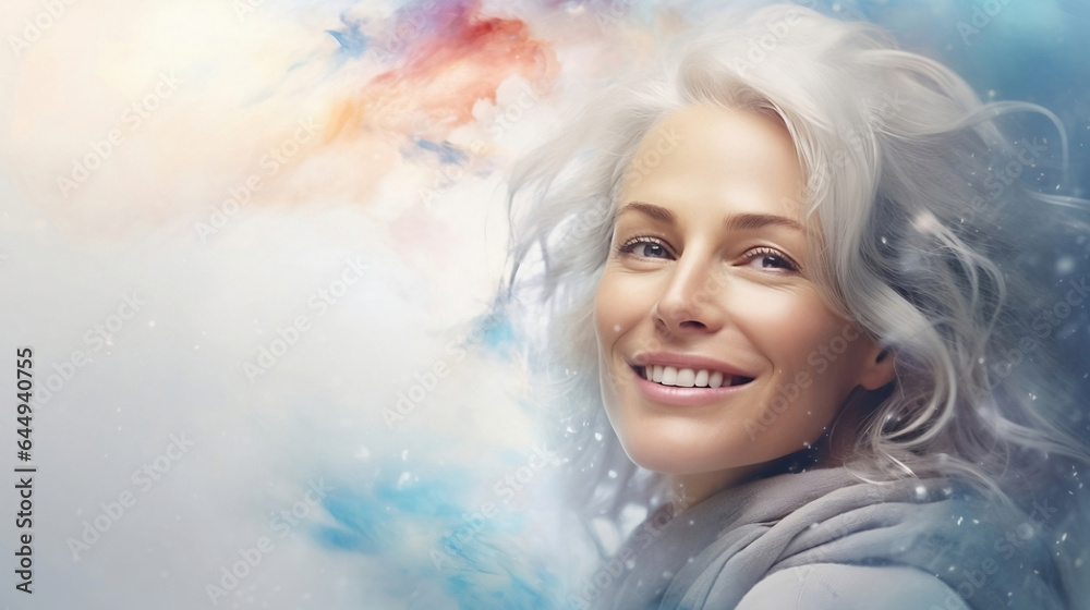 Beautiful gorgeous 50s.The face of a woman with white hair in the snow.Beautiful woman with long white hair watercolor illustration, horizontal copy background. Ai.Abstract fashion concept.