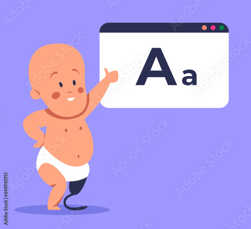 A child with a prosthetic leg learns the alphabet. Inclusive education for children with disabilities. Flat vector illustration.