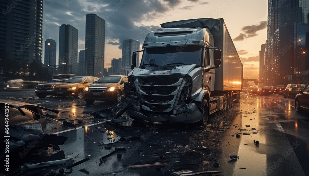 Car accident of heavy trucks on the road in the city, a car accident is an insured event on the road. Made in AI Car accident of heavy trucks on the road in the city, a car accident is an insured event on the road. Made in AI