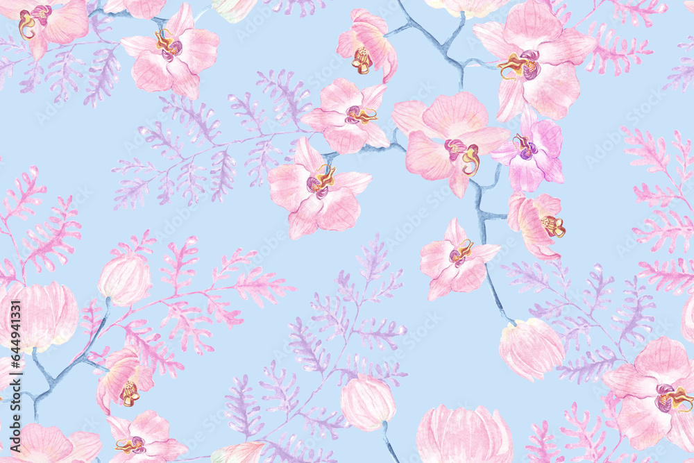 Seamless pattern, pink orchid on pastel blue lace background.Designed with floral patterns painted with watercolors with elegant patterns.Orchid Bouquet.