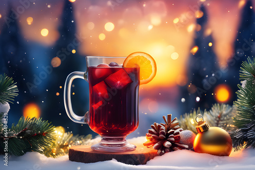 Christmas mulled wine with spices on New Year's winter background