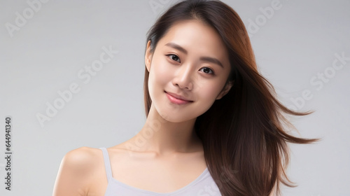 Asian beauty portrait. AI generated The face of a woman beautiful Japanese woman with long hair.Healthy face skin care beauty, skincare cosmetics.The copy space.