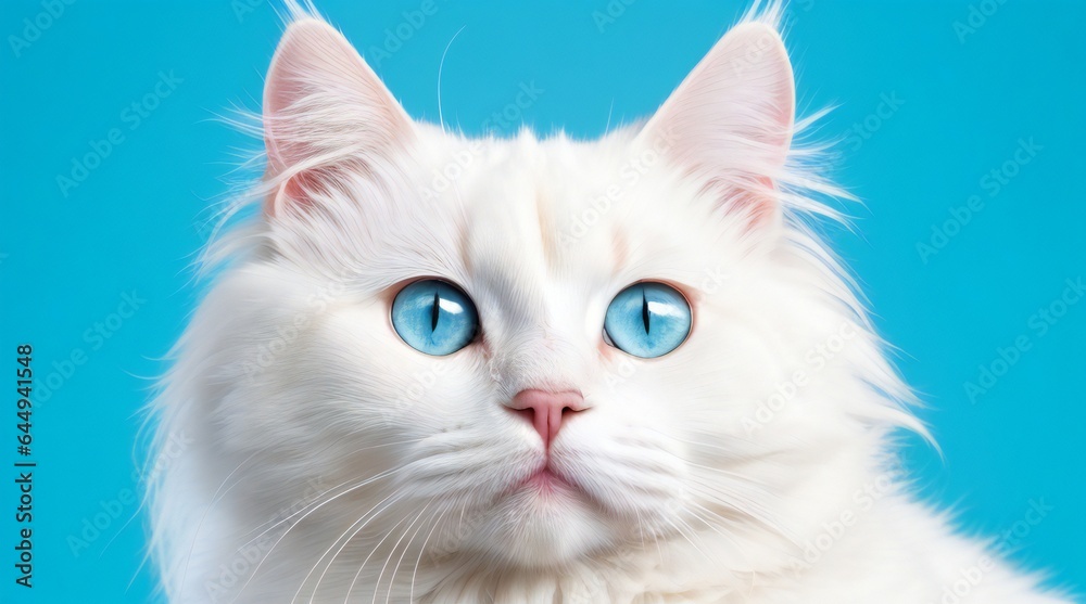 portrait of fluffy kitty looking at camera on blue background, front view. Cute young blue eyes, long hair white cat sitting in front of colored background