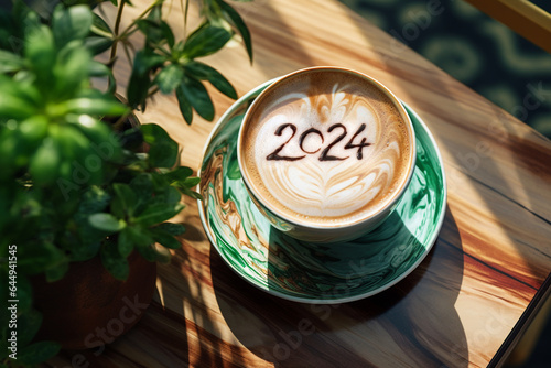 Happy New Year goal. Number 2024 on frothy surface of cappuccino coffee in cup. Resolutions Concept. Copy Space.