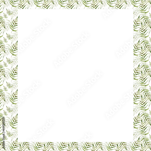 Fern watercolor square frame. Frame with forest greenery. Forest green fern leaves for cards, wedding invitations, packaging design, printing.