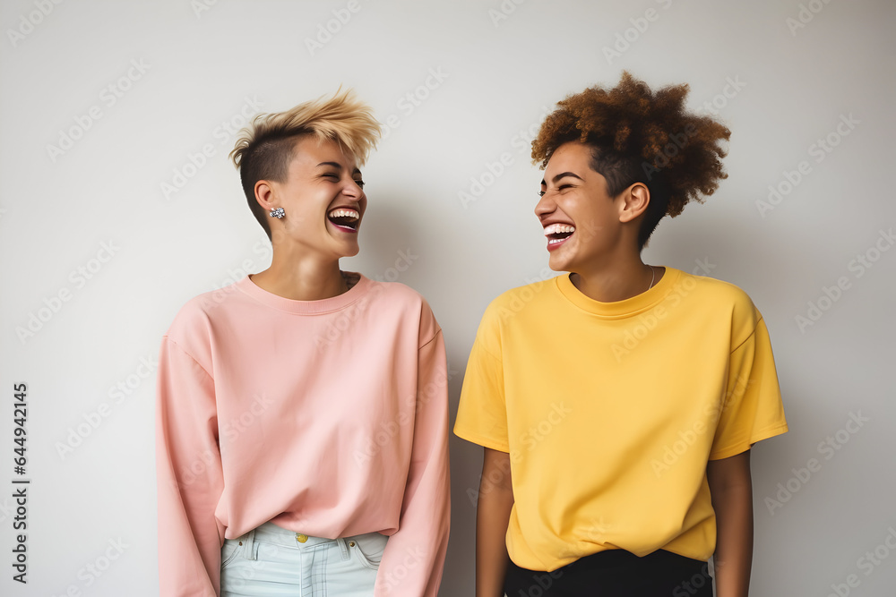Fototapeta premium Unstoppable Laughter Best Friends Sharing a Hilarious Moment, Laughing Cheerfully Together in a Studio