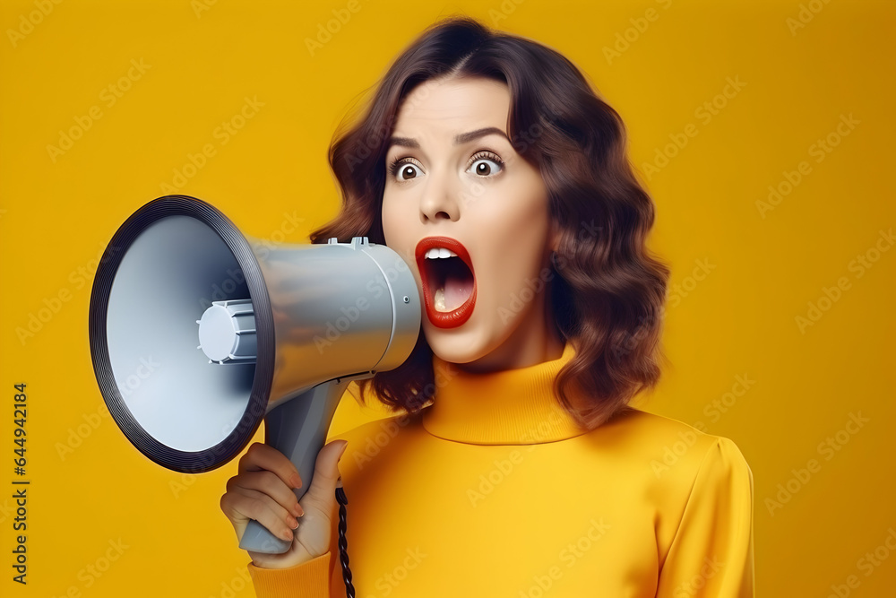Naklejka premium Black Friday Alert Stylish Brunette Woman Shouting into a Loudspeaker, Announcing Final Sales and Discounts Day Hurry Up