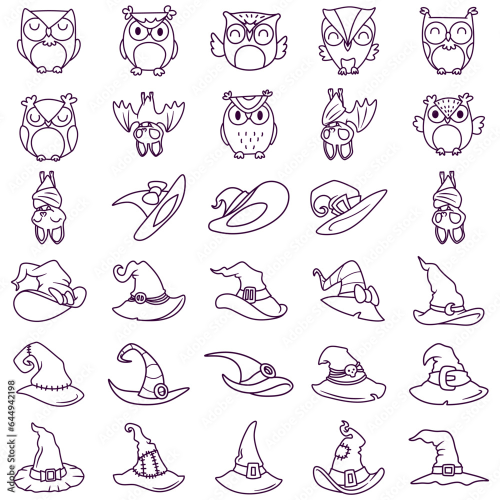 Free vector collection of line art illustrations for Halloween theme stickers, owls, witch hats and bats