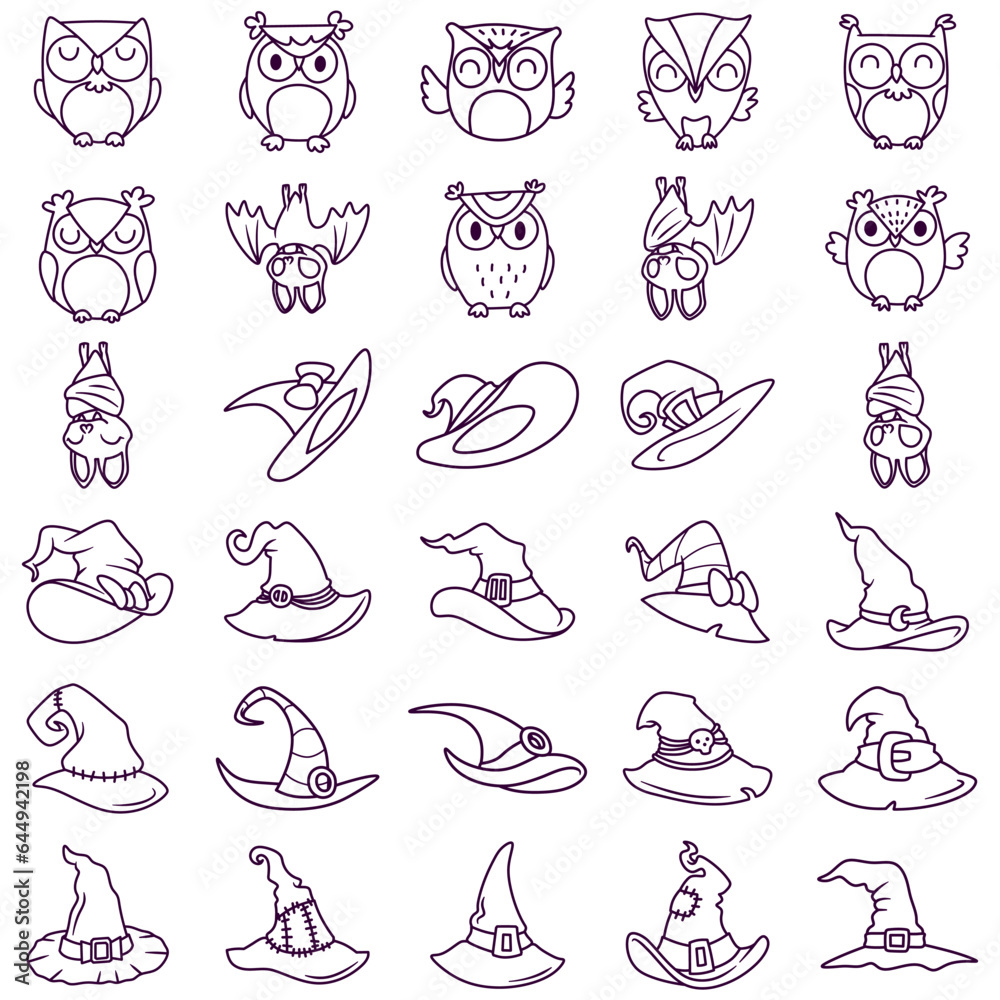 Free vector collection of line art illustrations for Halloween theme stickers, owls, witch hats and bats Free vector collection of line art illustrations for Halloween theme stickers, owls, witch hats and bats