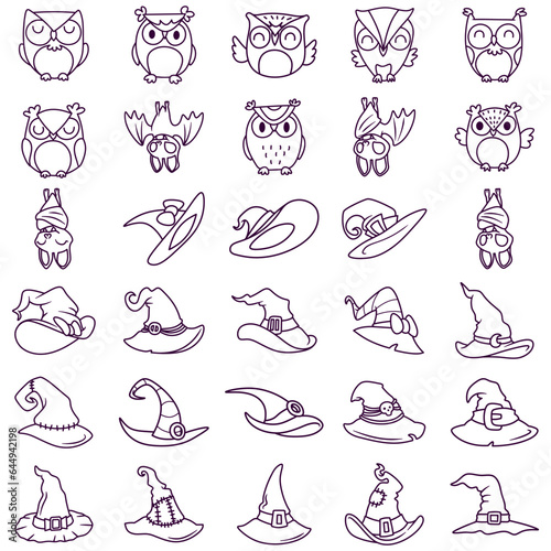 Free vector collection of line art illustrations for Halloween theme stickers  owls  witch hats and bats