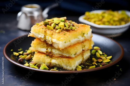 Delightful Oriental Treat Kunafa with Cheese and Pistachios Crafted with Ghee for a Mouthwatering Experience