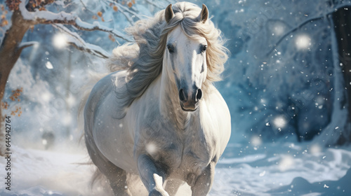 white horse gallops through snow in winter