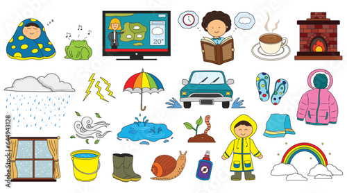 kids drawing Vector illustration set of rainy days, rainy season icon in doodle style Isolated on White Background