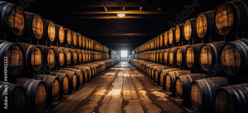 Foto Whiskey, bourbon, scotch, wine barrels in an aging facility.