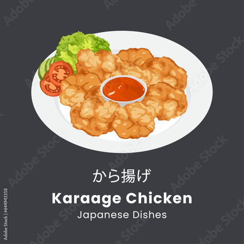 Chicken karaage on plate. Japanese food. Vector illustration