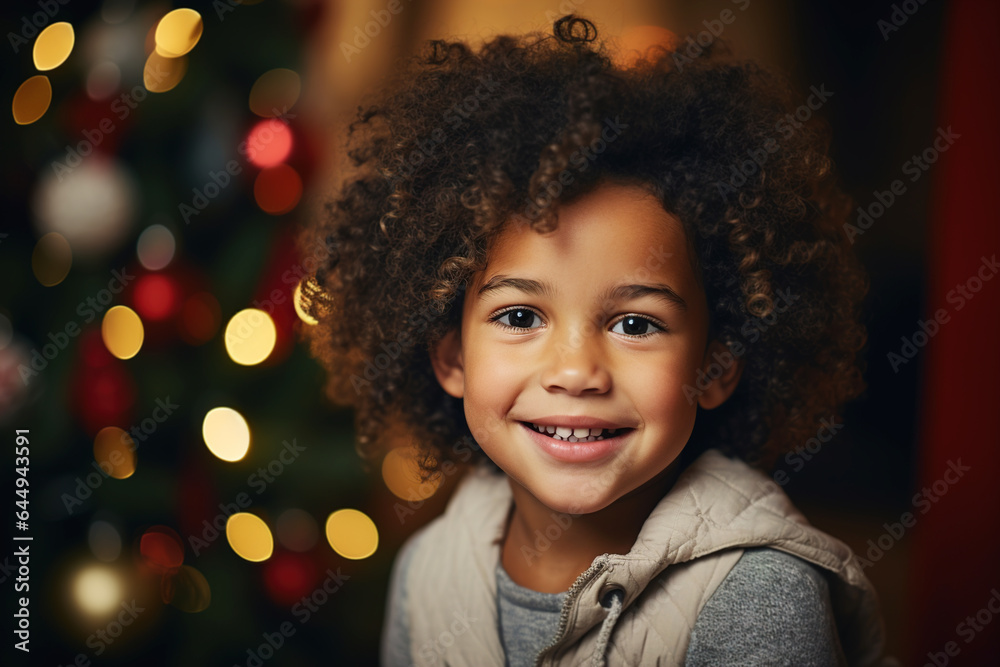 Smiling cute african american child in front of decorated Christmas tree garland indoors, xmas portrait Smiling cute african american child in front of decorated Christmas tree garland indoors, xmas portrait