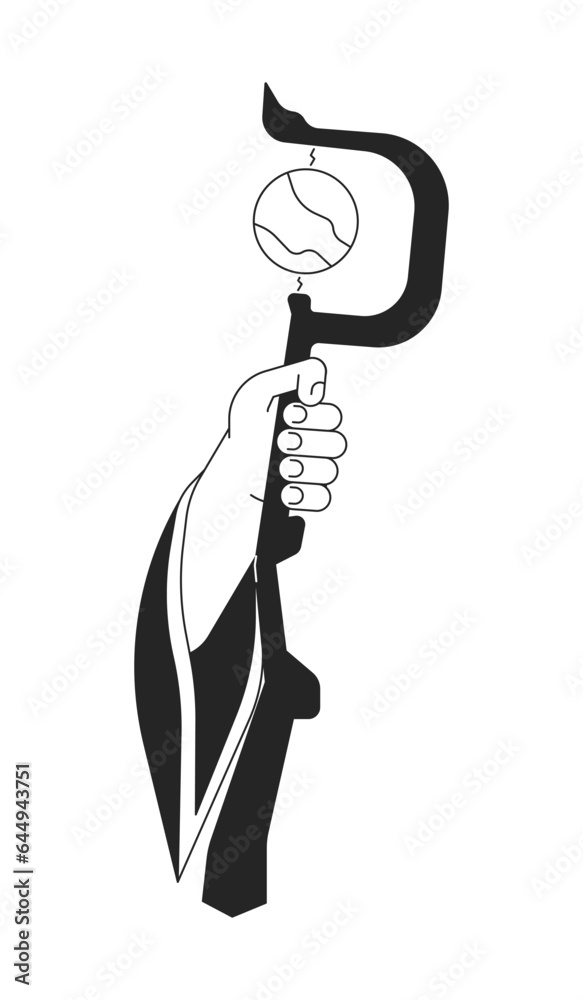 Holding wizard staff flat monochrome isolated vector object. Wooden stic for magic tricks. Editable black and white line art drawing. Simple outline spot illustration for web graphic design Holding wizard staff flat monochrome isolated vector object. Wooden stic for magic tricks. Editable black and white line art drawing. Simple outline spot illustration for web graphic design