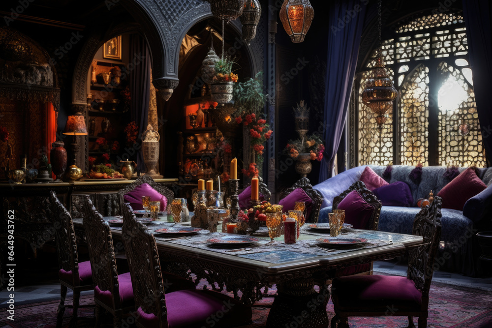 Exquisite Moroccan Bohemian Dining Room Interior with Opulent Jewel Tones and Ornate Patterns