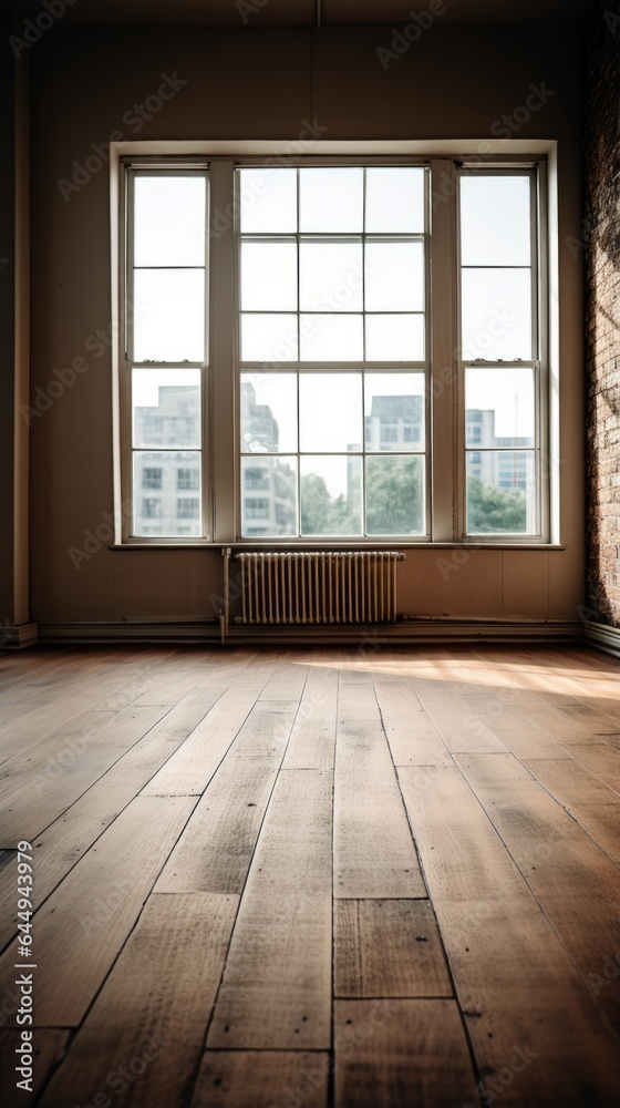 Empty spacious wooden living room. Generative AI Empty spacious wooden living room. Generative AI
