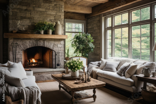 Cozy Farmhouse Haven: A Rustic Living Room Interior with Timeless Charm and Serene Ambiance