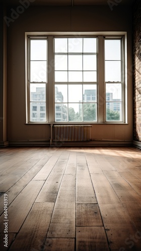 Empty spacious wooden living room. Generative AI