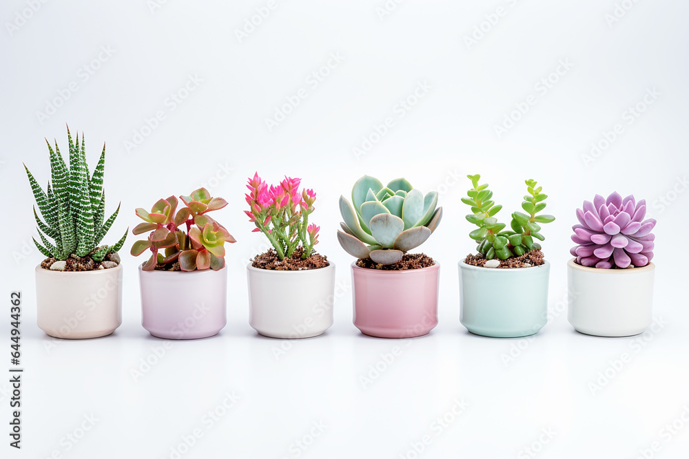 Obraz premium Beatiful succulent plants in pots on white background