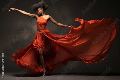 African Woman in Silk Dress dancing.