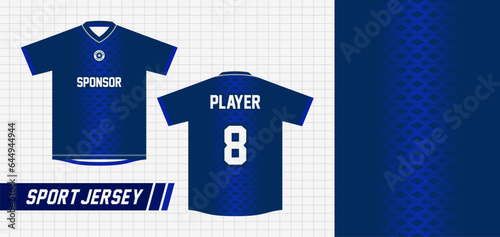 SPORT JERSEY DESIGN WITH A DIAMOND PATTERN ON A METALLIC BLUE BACKGROUND