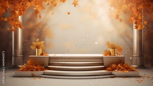Podium with background autunn luxury autumn podium for display product. AI generative
