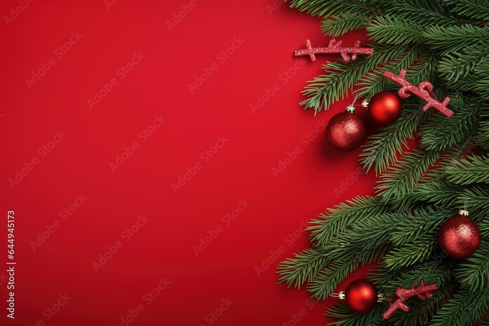 Christmas background with fir branches, cones and gift box on red background.Generative Ai Christmas background with fir branches, cones and gift box on red background.Generative Ai
