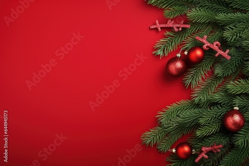 Christmas background with fir branches  cones and gift box on red background.Generative Ai