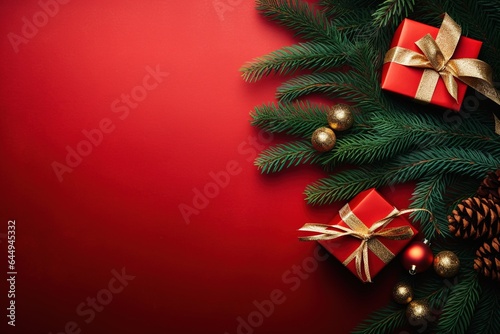 Christmas background with fir branches  cones and gift box on red background.Generative Ai