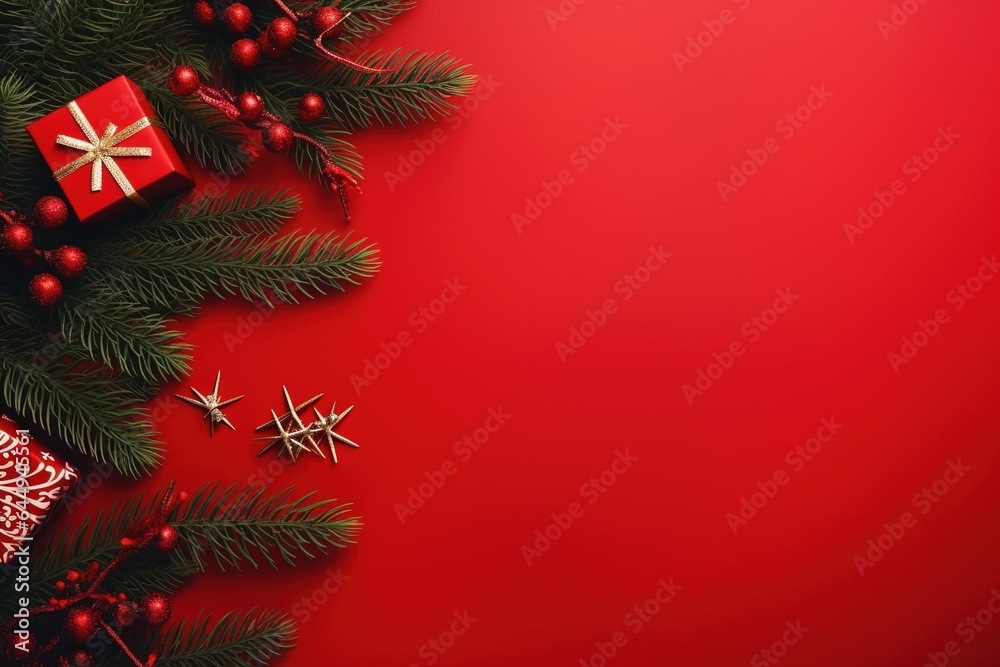 Christmas background with fir branches, cones and gift box on red background.Generative Ai