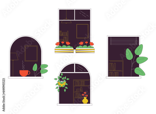 Neighbors windows in building flat line concept vector spot illustration. Balcony architecture 2D cartoon outline object on white for web UI design. Editable isolated color hero image