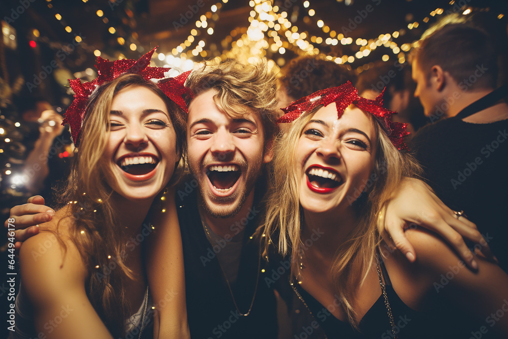 Happy smiling people have fun at a New Year's Eve party. Generative AI