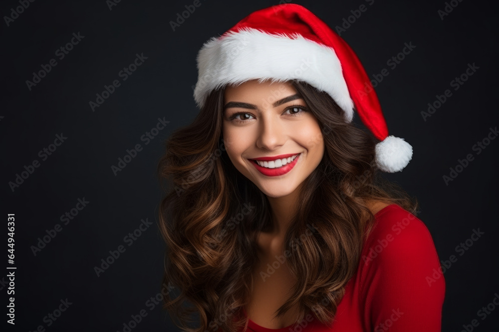 Portrait of a beautiful festive woman model wearing a father christmas red santa hat Portrait of a beautiful festive woman model wearing a father christmas red santa hat