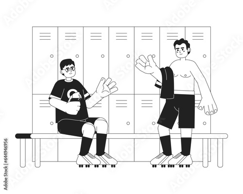 Men in changing room monochrome concept vector spot illustration. Multinational football players 2D flat bw cartoon characters for web UI design. Team Isolated editable hand drawn hero image