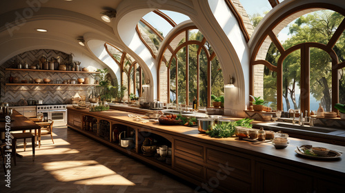 big wooden kitchen interior with a lot of sun light coming from panoramic windows